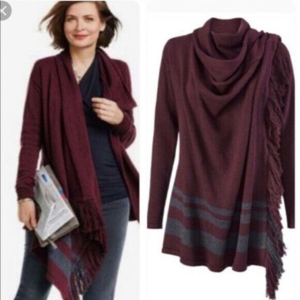 Cabi 3002 Port Fringe Long Sleeve Wrap Sweater - Sz S